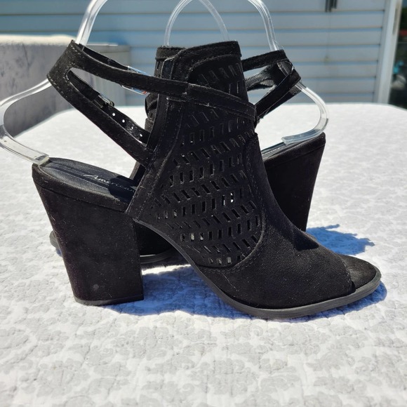 American Eagle Weldon Caged Block Heel Sandal Shoes Black Suede Size 6.5 - Picture 7 of 12